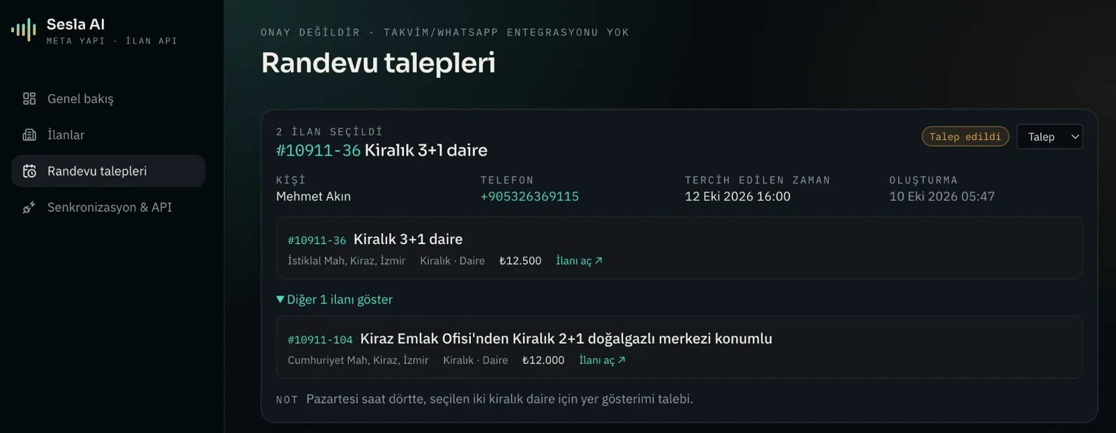 Viewing request created in the dashboard after the call