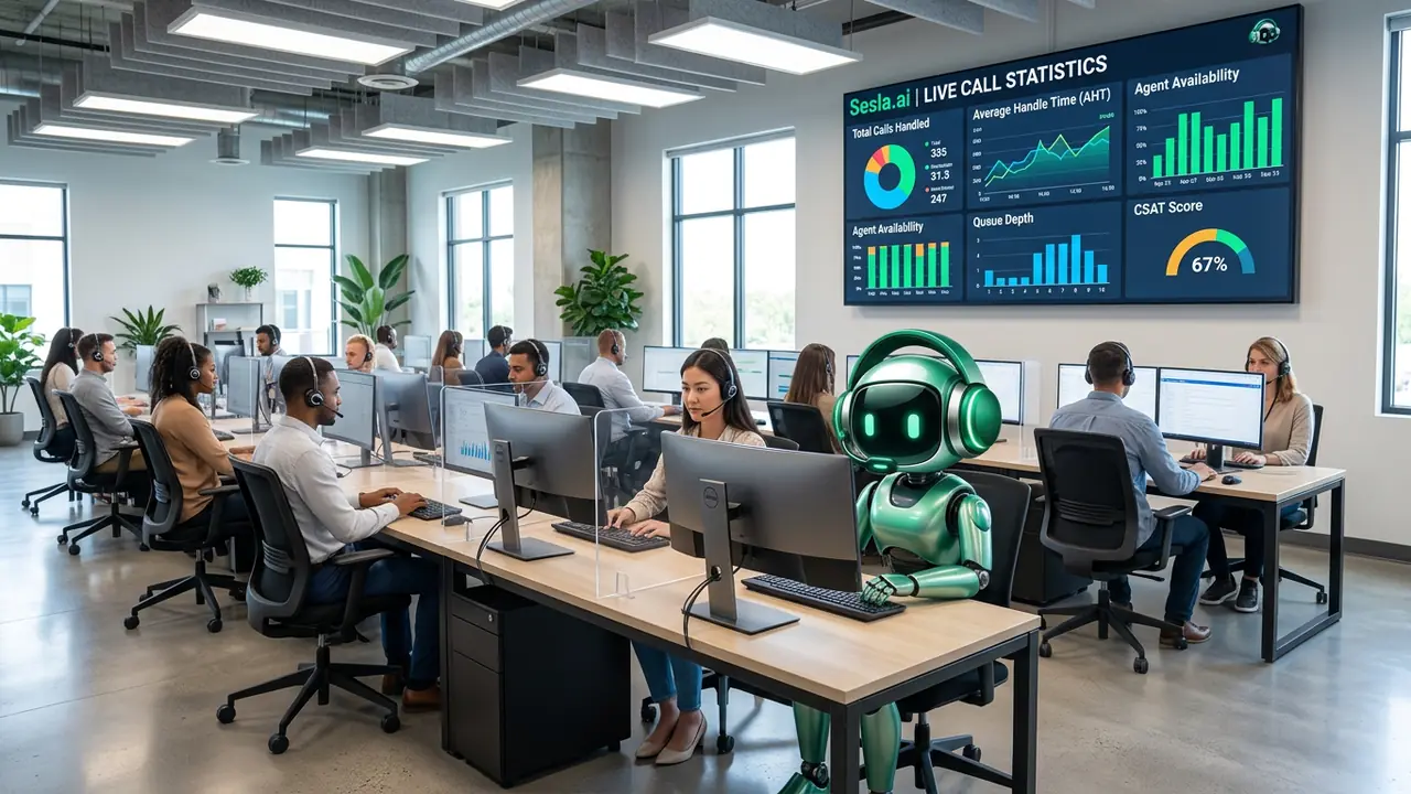 Sesla AI robotu modern çağrı merkezinde insan ekiple birlikte çalışıyor