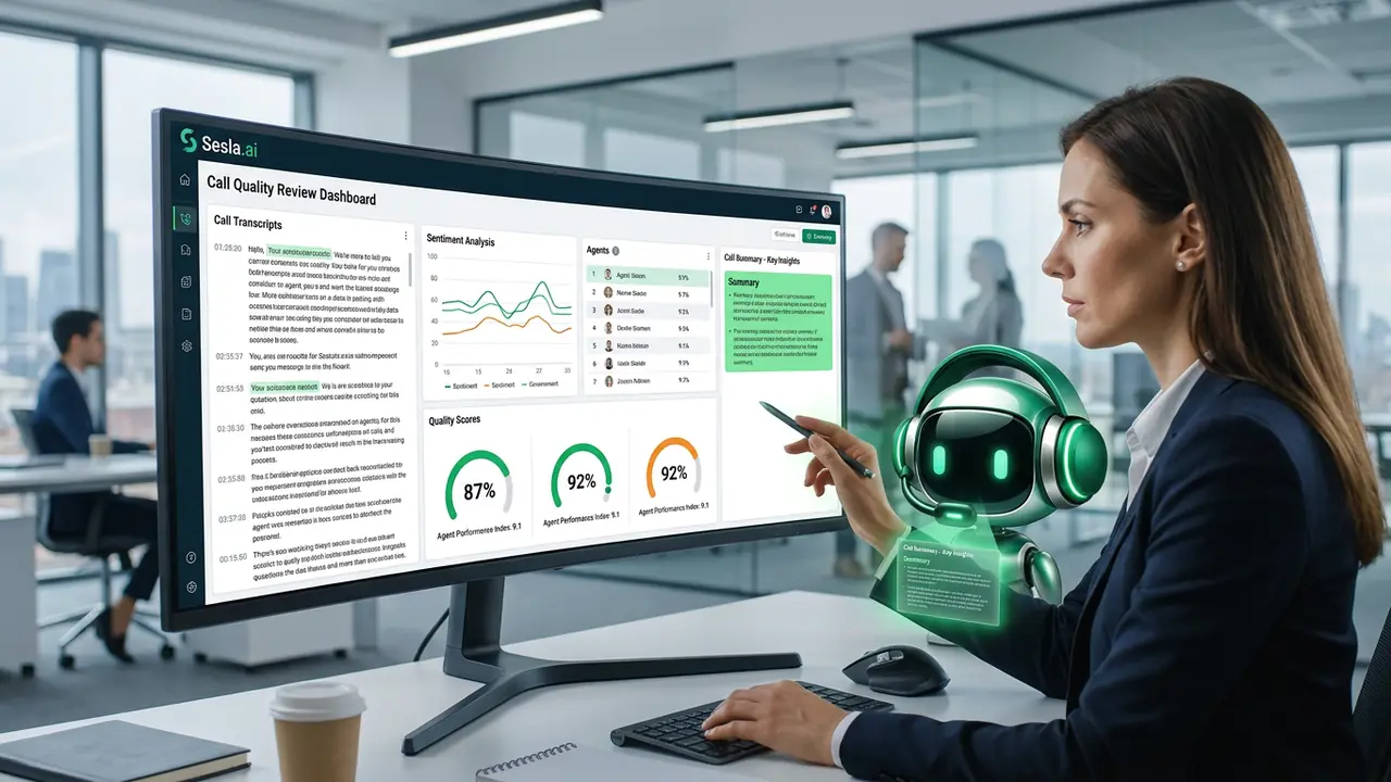Teamleiter prüft Anrufanalysen mit dem Sesla AI Roboter