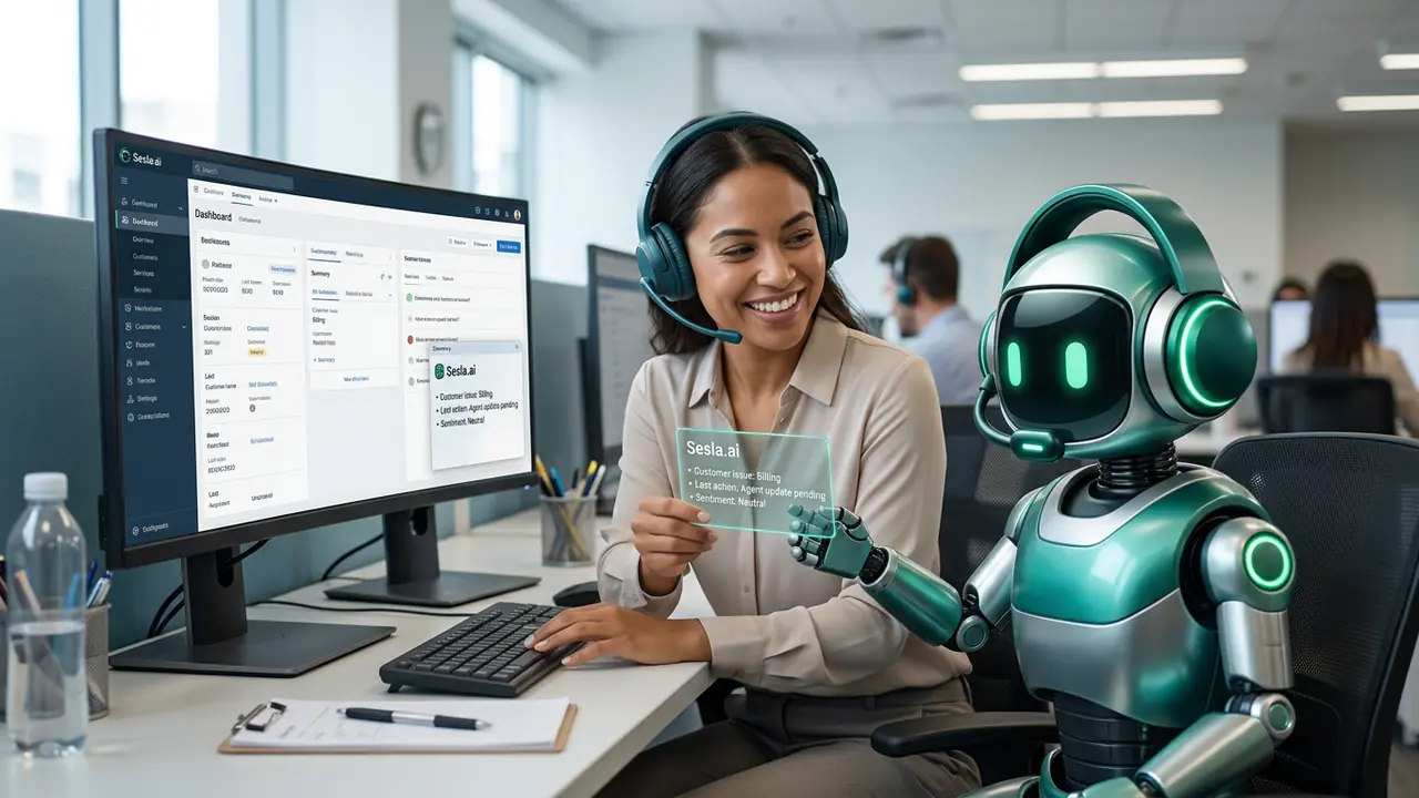 Der Sesla AI Roboter arbeitet zusammen mit dem Kundenbetreuer mit Headset