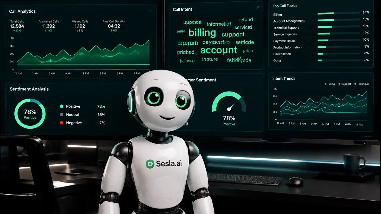 Sesla AI robot in a dark analytics room in front of green call analytics, sentiment and intent screens