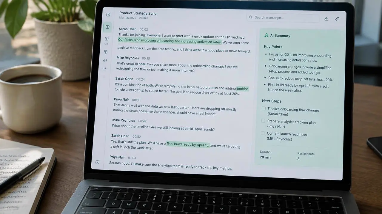 Laptop screen showing a speaker-separated call transcript with green highlighted phrases and an AI summary box
