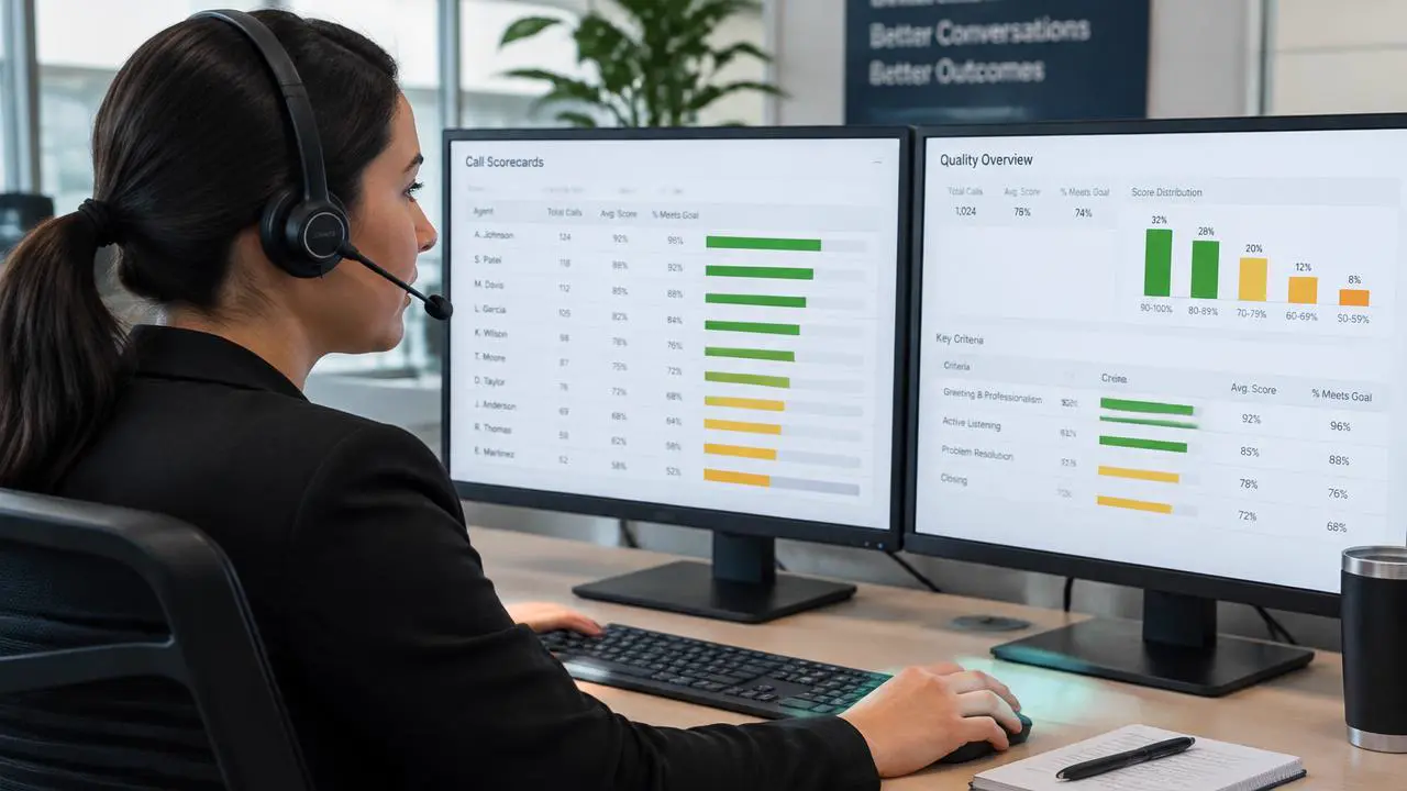 Quality manager with a headset reviewing call scorecards with green and amber bars on two monitors