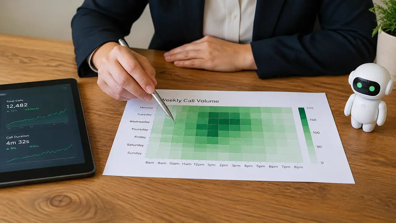 Weekly heatmap report in green showing call volume by hour and day on a desk