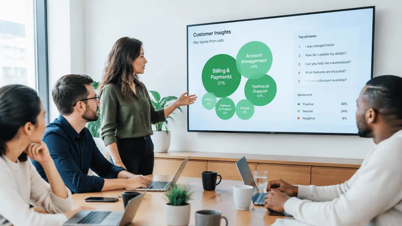 Marketing team discussing call insights shown as green topic bubbles on a wall screen