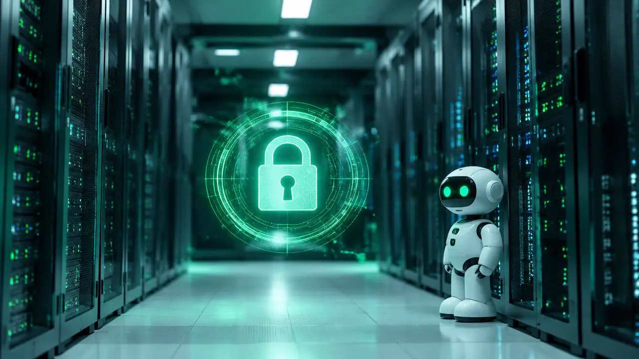 Secure server room with a green padlock hologram and a small robot on guard