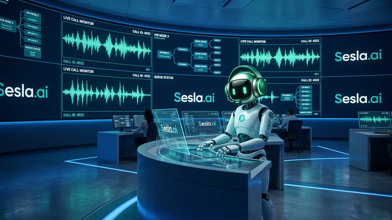 Modern contact center where the Sesla AI robot handles customer calls alongside the team