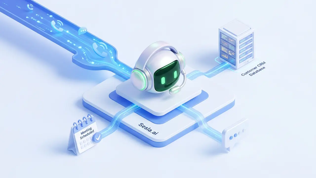 Diagram of an AI call flow from incoming call to booking and team handover with the Sesla AI robot