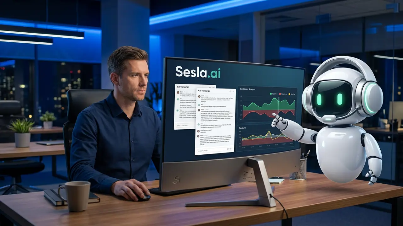 Manager comparing AI call center software on a laptop with the Sesla AI robot
