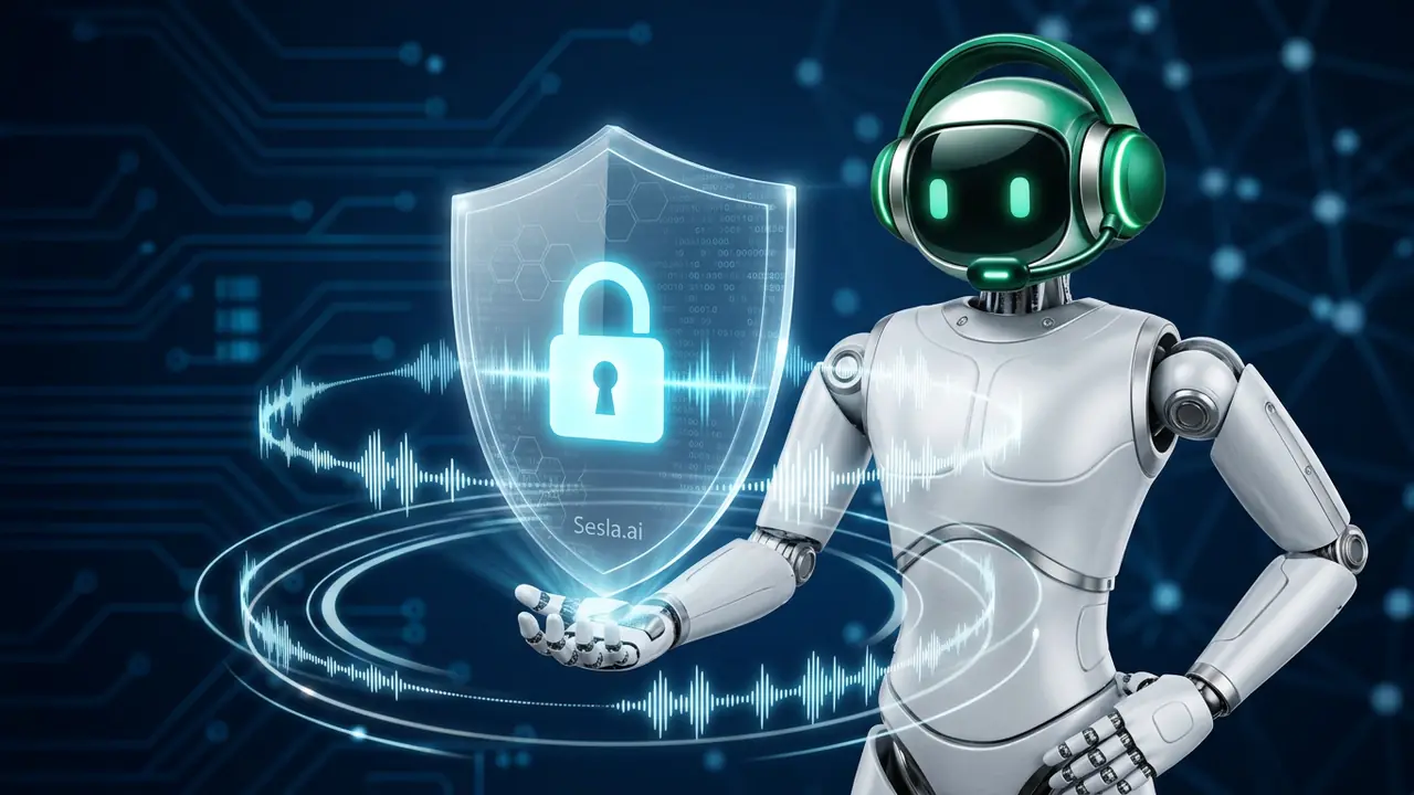Call analytics dashboard with intents and resolution rates beside the Sesla AI robot