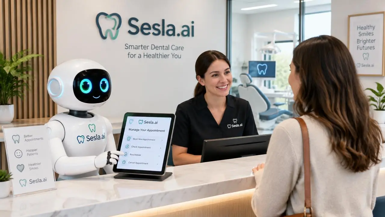 Der Sesla AI-Roboter verwaltet Termine am Empfang einer Zahnklinik