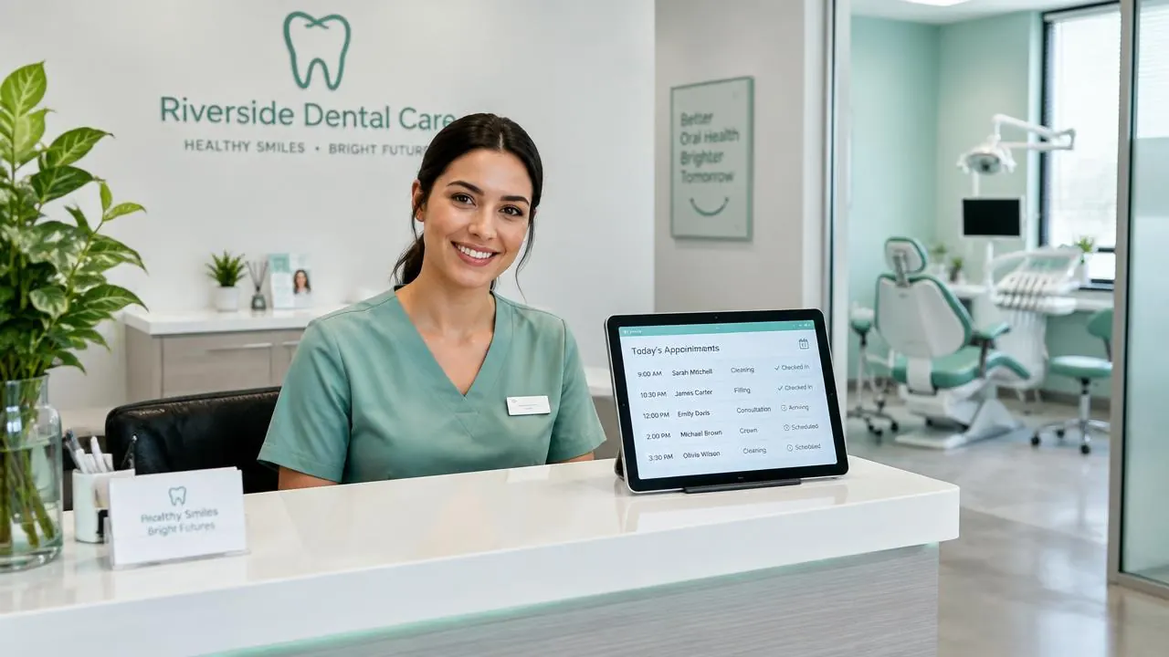 Diş kliniği resepsiyonunda randevu çizelgesini gösteren tablet