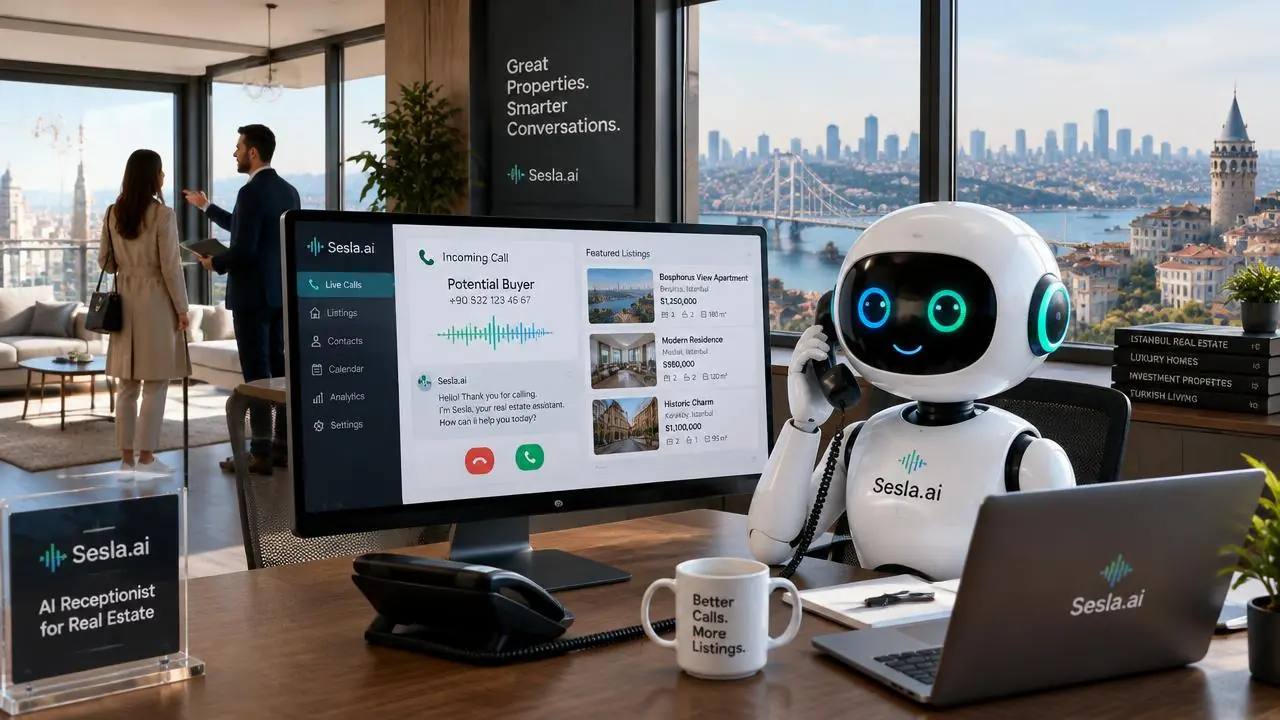 Der Sesla AI-Roboter nimmt Anrufe zu Immobilienanzeigen entgegen, während der Immobilienberater auf Besichtigungstour ist.