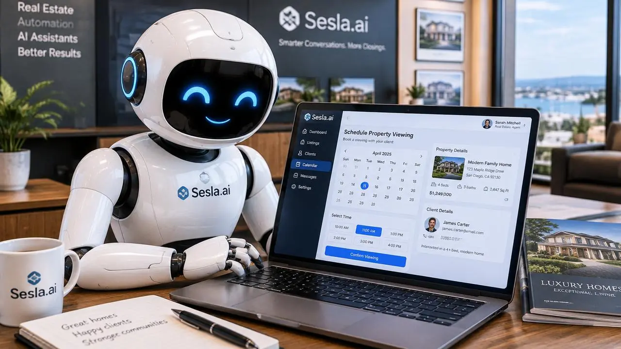 Der Sesla AI-Roboter plant den Immobilien-Besichtigungstermin im digitalen Kalender.
