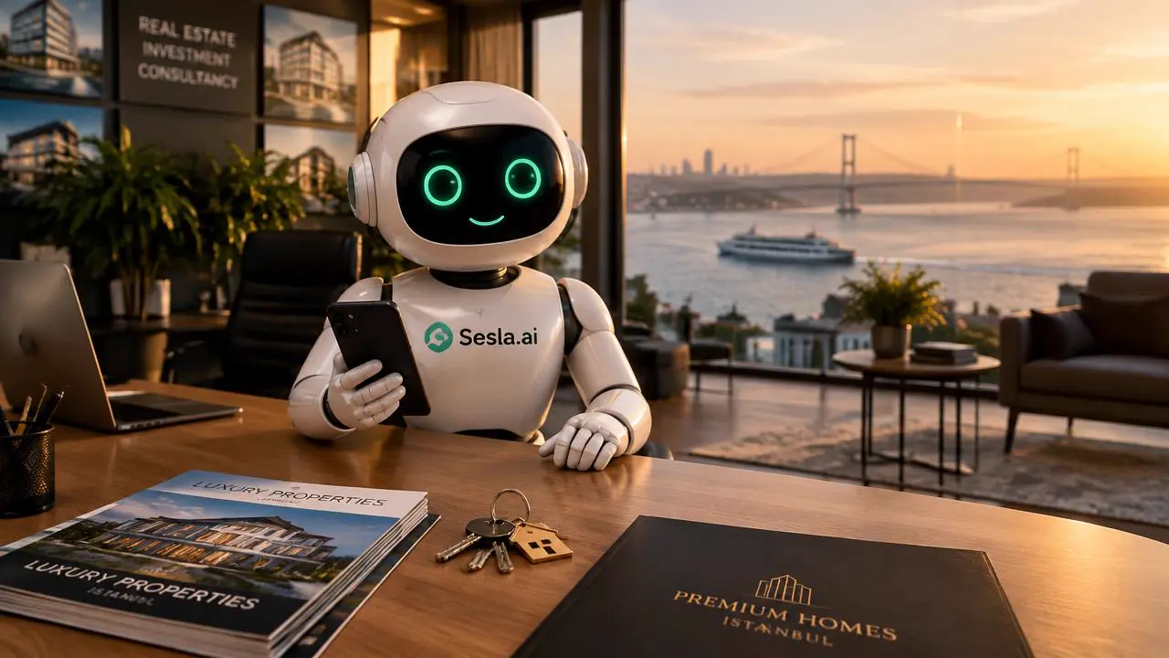 Sesla AI robot holding a phone in a real estate office with a Bosphorus view, keys and property brochures on the desk