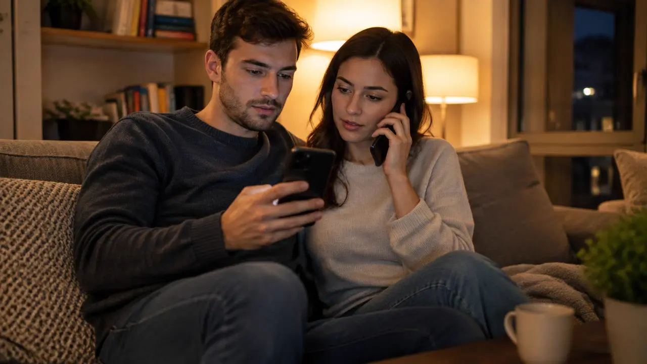 Young couple on a sofa in the evening browsing apartment listings and calling the agency