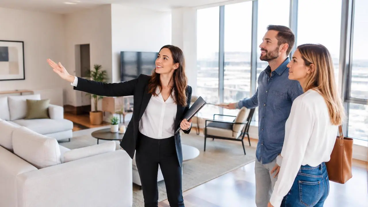 Estate agent showing a bright modern apartment to a young couple