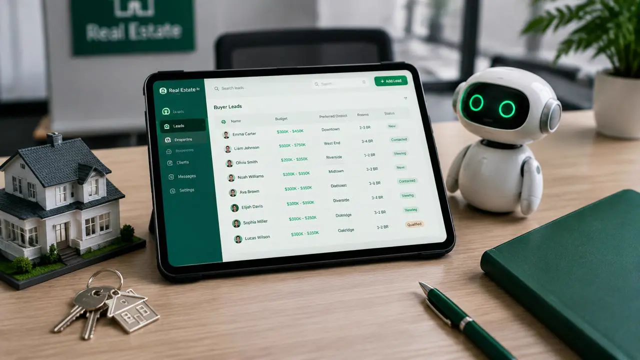 Tablet on an agency desk showing a buyer list with budget, area and bedroom preferences, small robot beside it
