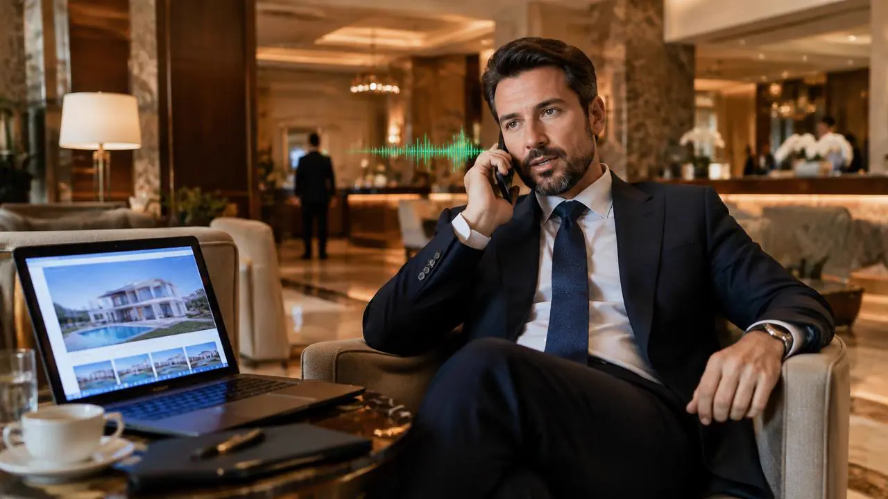 International investor in a hotel lobby on the phone about a property, laptop showing villa photos