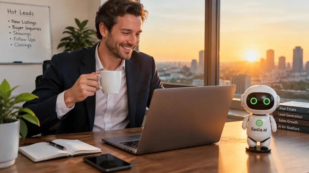 Smiling estate agent with coffee at sunrise reviewing a hot leads list on a laptop, Sesla robot on the desk
