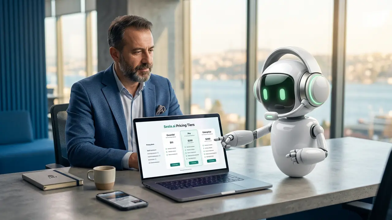 Business owner comparing AI call center pricing plans with the Sesla AI robot