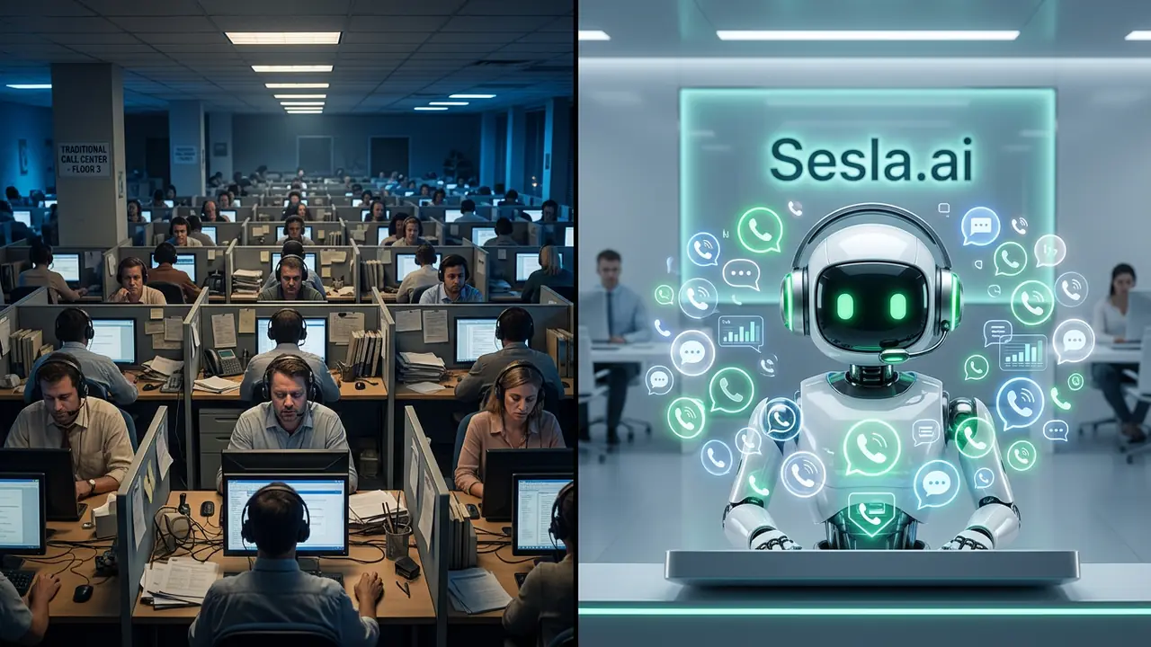 Traditional call center agents with headsets next to the Sesla AI robot
