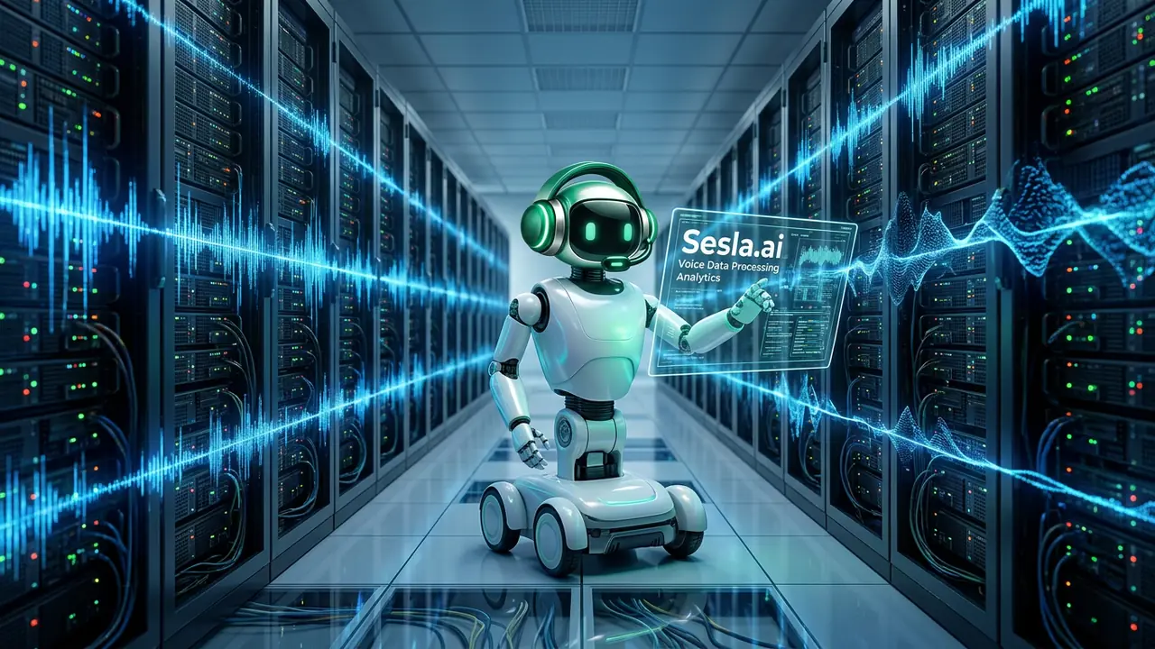 Sesla AI robot in a server room with glowing voice waves representing the AI voice infrastructure