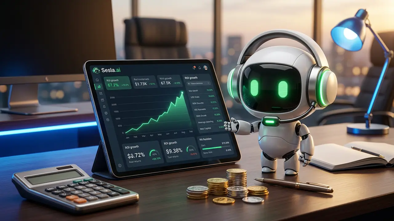 Finance manager reviewing an AI call center ROI dashboard with the Sesla AI robot