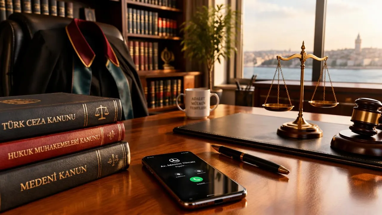 Hukuk bürosu masasında kanun kitapları, adalet terazisi ve yanıtlanan bir arama
