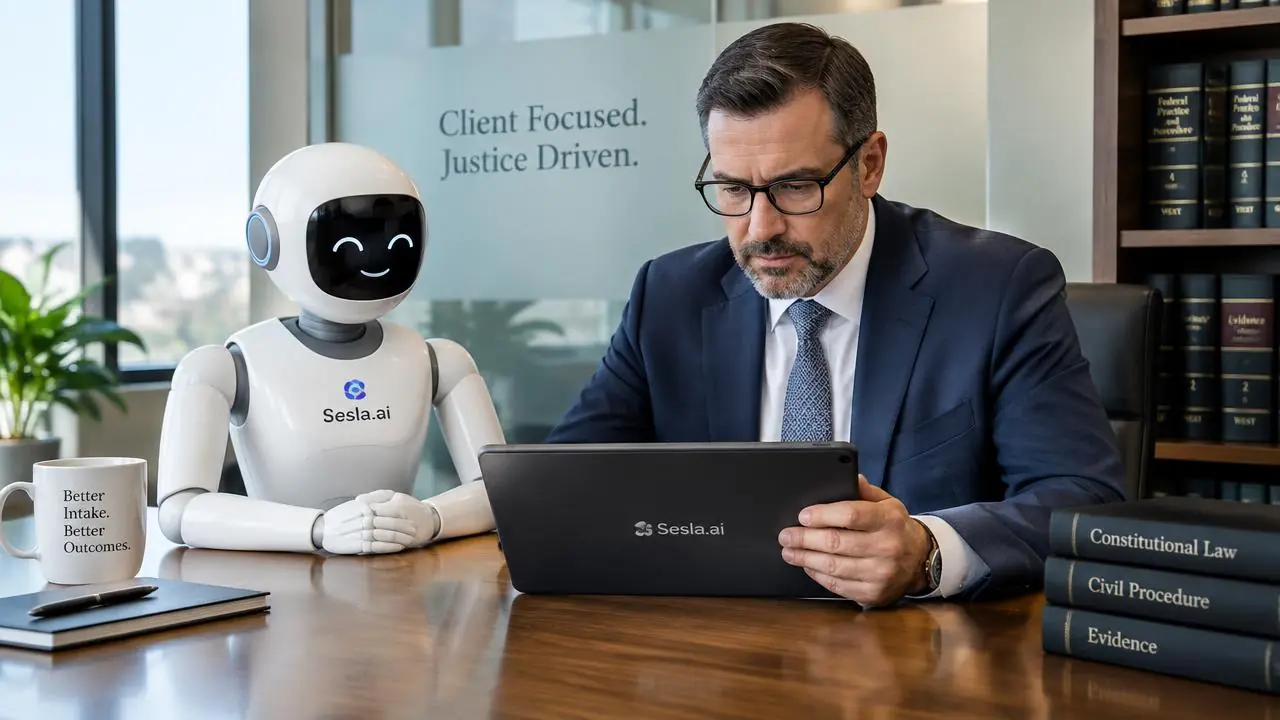 Der Anwalt prüft die vertrauliche Zusammenfassung des Erstgesprächs, die vom Sesla AI-Roboter erstellt wurde.