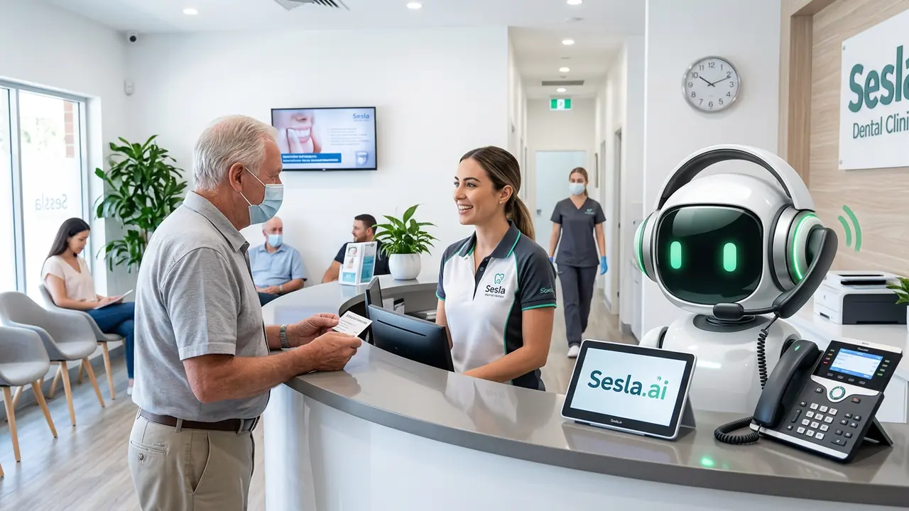Sesla AI nimmt Anrufe an einer geschäftigen Klinikrezeption entgegen