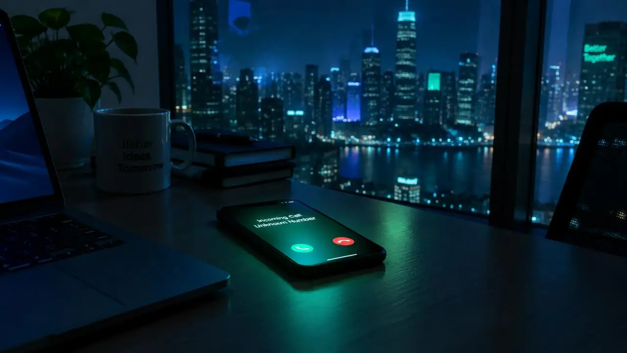 Gece ofis masasında gelen aramayı gösteren telefon