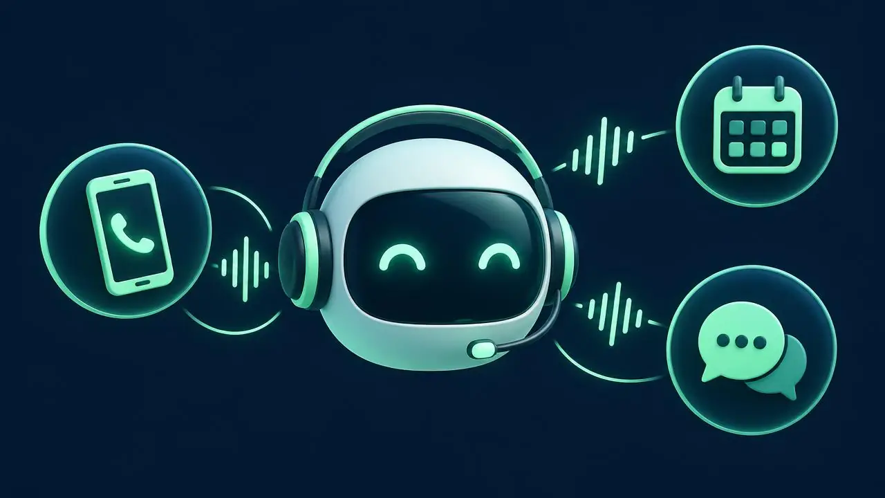 Telefon, takvim ve mesaj ikonlarına bağlı kulaklıklı yapay zekâ asistanı