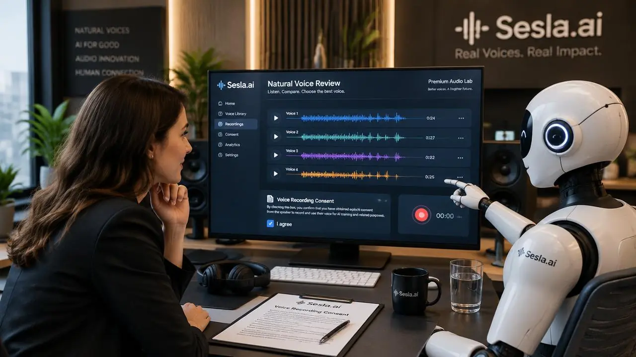 Sound engineer and Sesla AI robot analyzing Turkish speech intonation