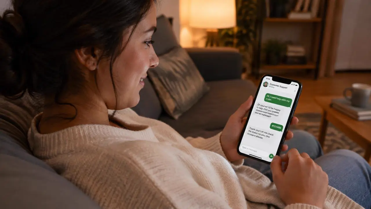 Frau schreibt abends auf dem Sofa mit dem Kundenservice über ihr Smartphone
