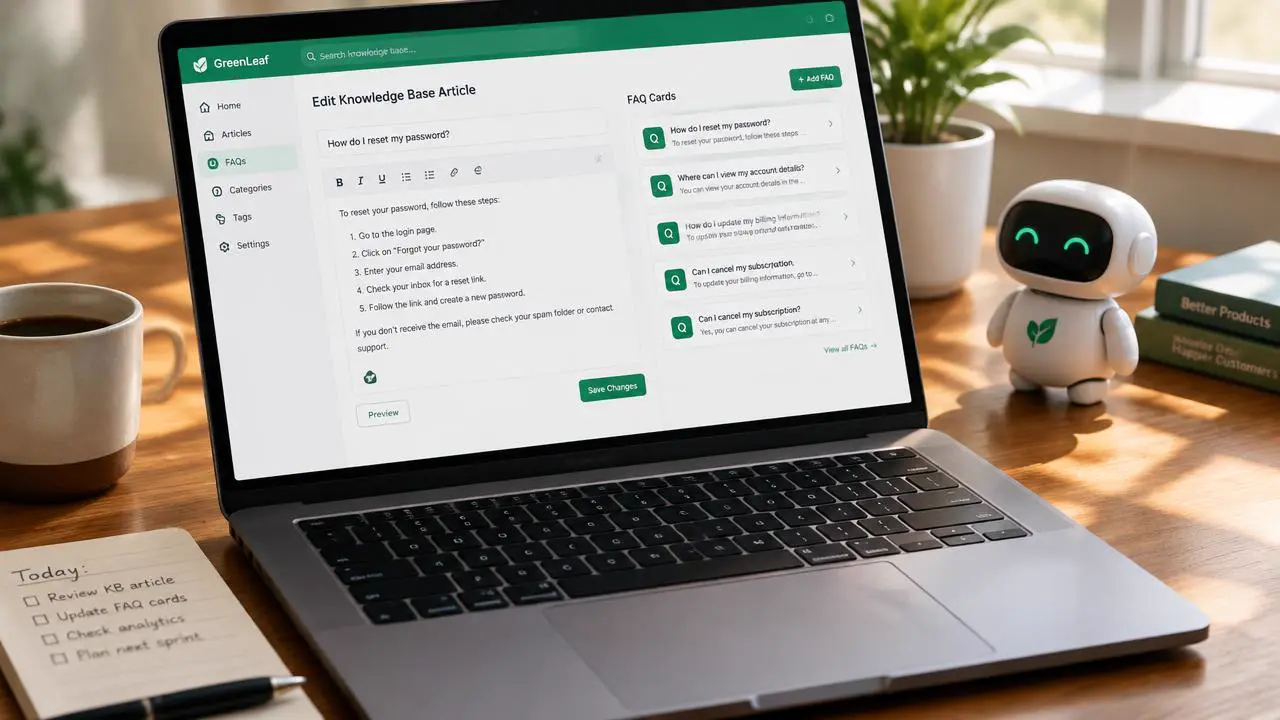 Laptop auf Holztisch mit grünem Wissensdatenbank-Editor und FAQ-Karten, daneben eine kleine Roboterfigur