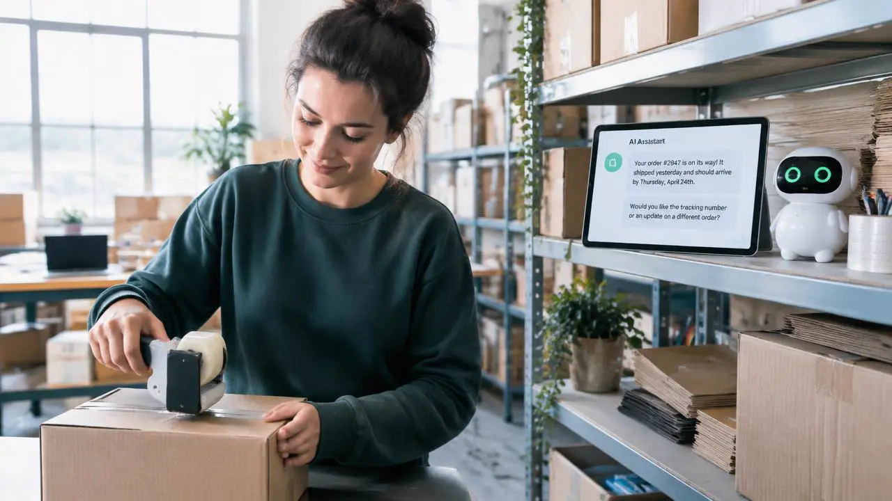 Unternehmerin verpackt Bestellungen im Lager, ein Tablet im Regal zeigt eine KI, die den Bestellstatus beantwortet