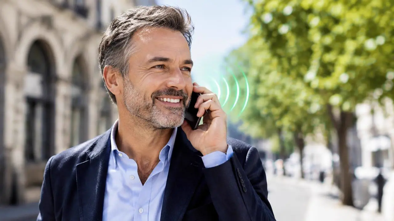 Lächelnder Mann mittleren Alters telefoniert auf einer sonnigen Straße