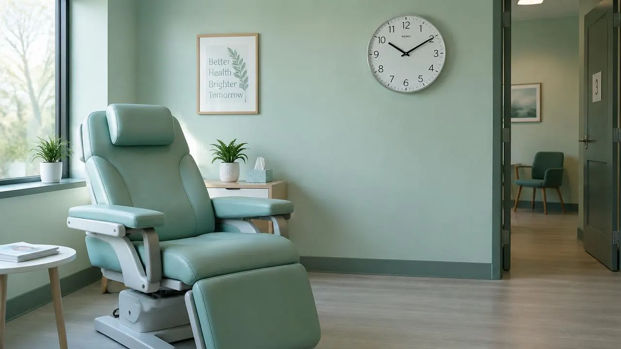 Klinikte boş kalan tedavi koltuğu ve duvar saati