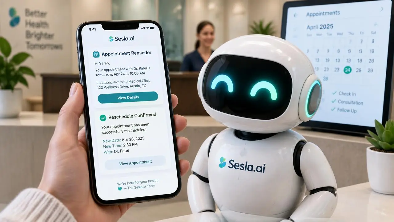 Appointment confirmation and rescheduling screen with the Sesla AI voice assistant