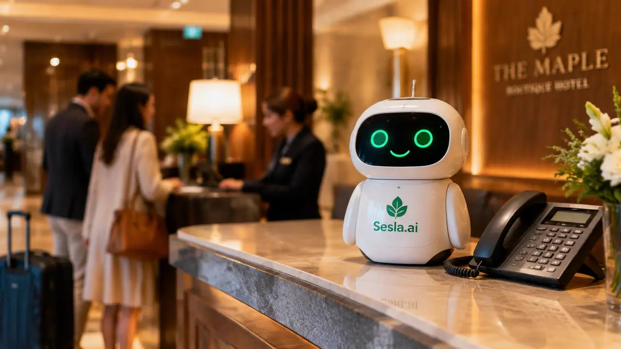 Sesla-AI-Roboter neben dem Telefon an der Rezeption eines Boutique-Hotels, im Hintergrund Gäste