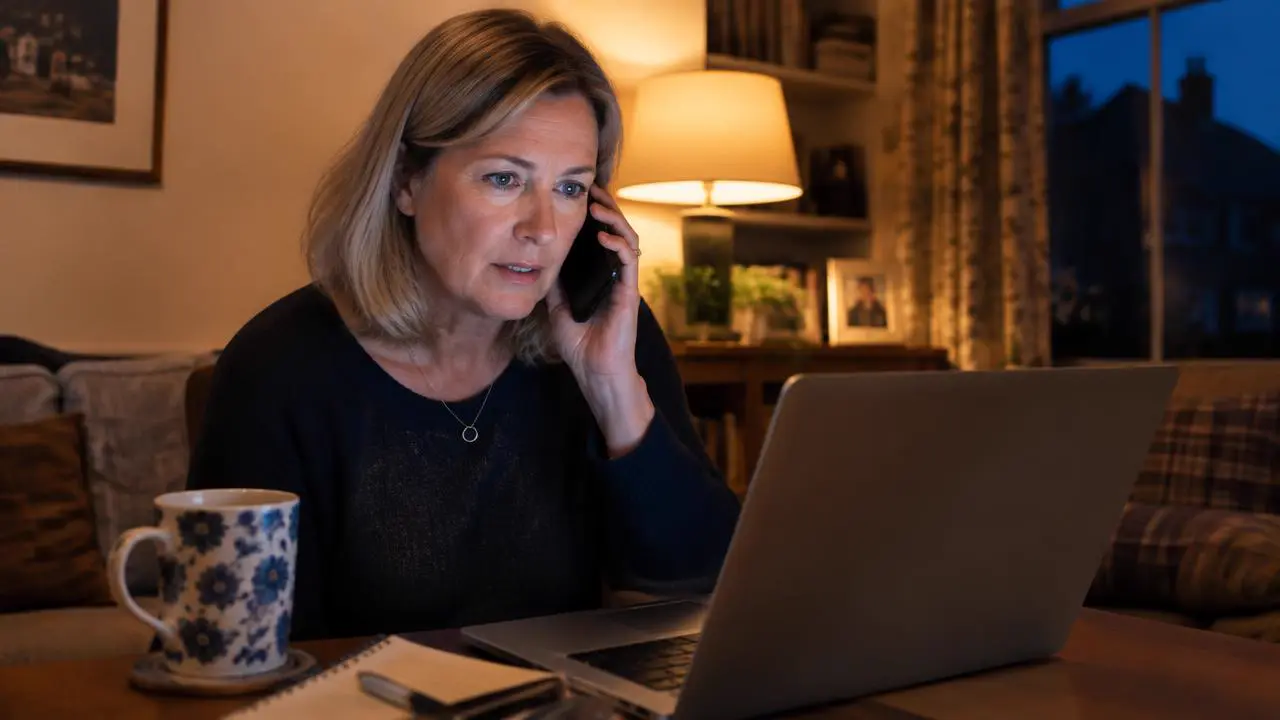 Frau ruft abends von zu Hause in England eine Klinik im Ausland an und schaut dabei auf deren Website
