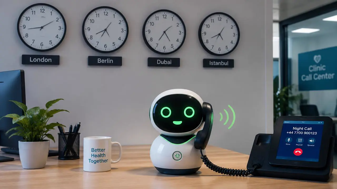Wanduhren für London, Berlin, Dubai und Istanbul im Klinik-Callcenter, ein Roboter nimmt einen Nachtanruf an