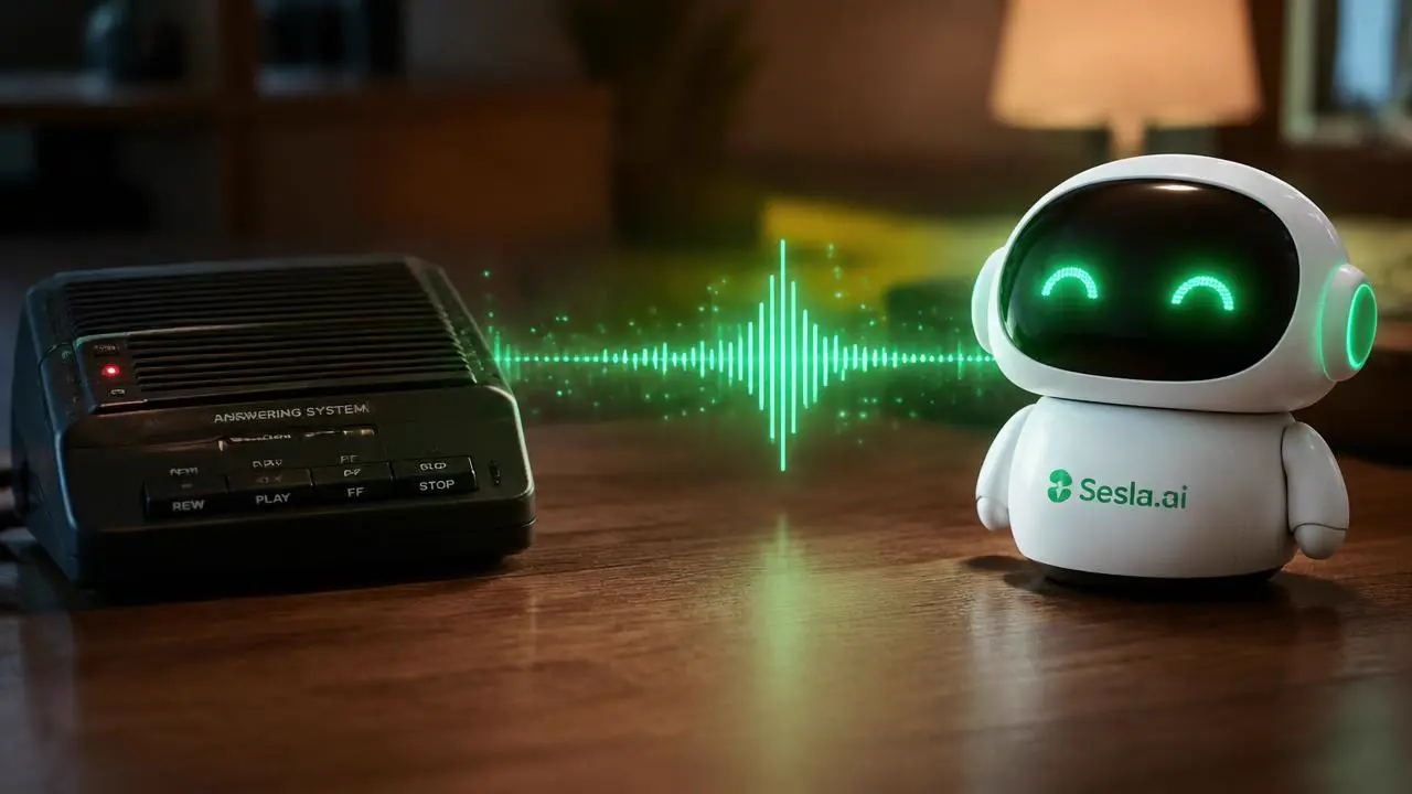 Alter Anrufbeantworter mit rotem Licht geht über eine grüne Schallwelle in den Sesla-AI-Roboter über