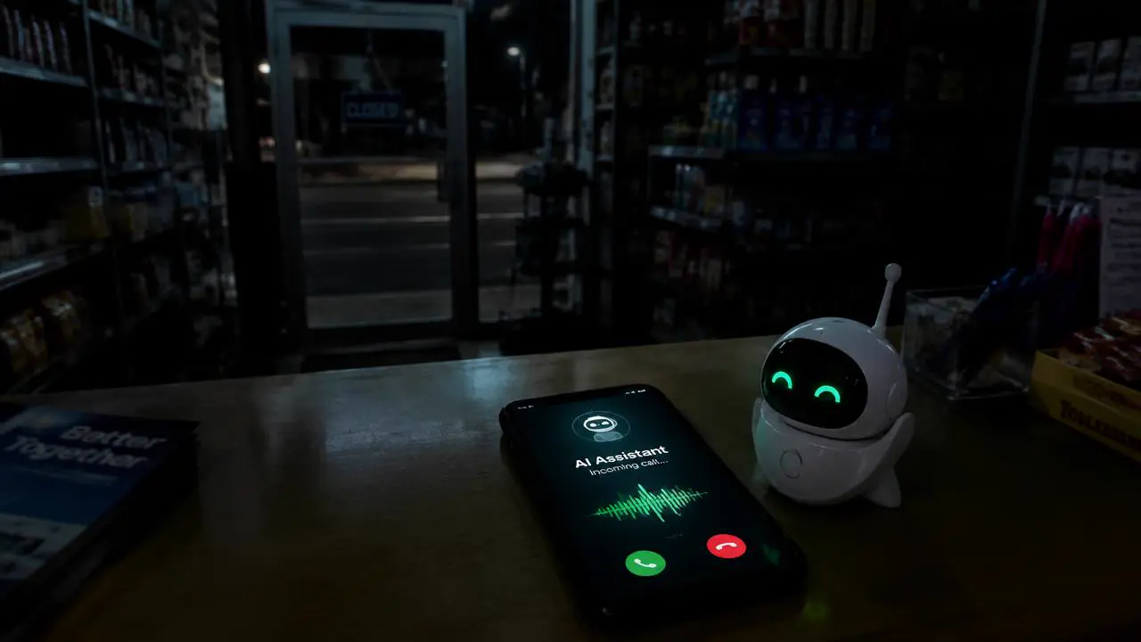 Dunkles geschlossenes Geschäft, auf der Theke ein Smartphone mit KI-Anrufannahme neben einem Roboter