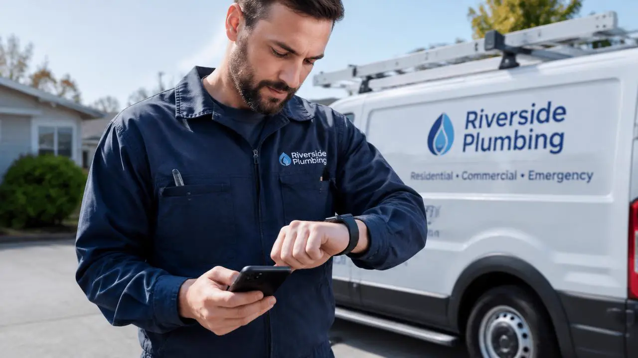 Installateur vor seinem Transporter prüft auf Smartwatch und Handy eine von der KI weitergeleitete Notfallmeldung