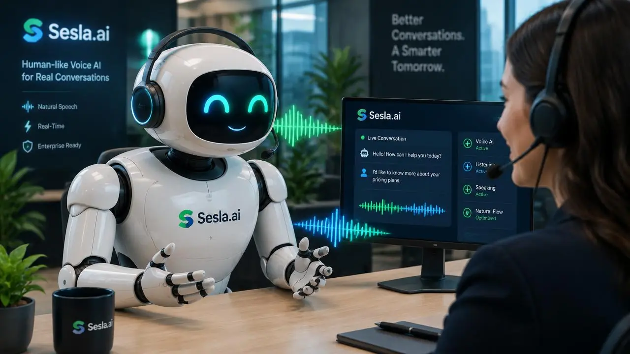 Ses sanatçısı ve Sesla AI robotu profesyonel stüdyoda marka sesi kaydediyor