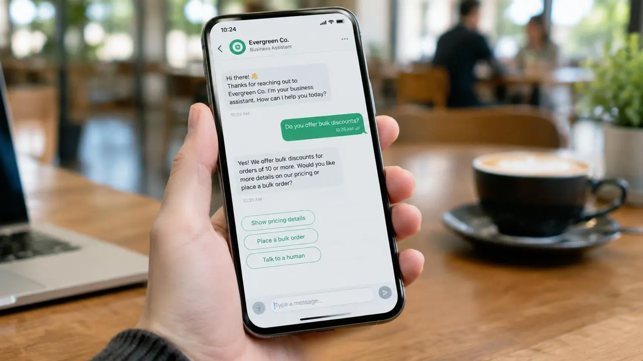 Telefonda işletme asistanının anında yanıt verdiği WhatsApp sohbeti