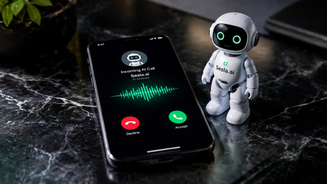 Smartphone auf dunklem Marmortisch mit eingehendem KI-Anruf neben dem Sesla-AI-Roboter