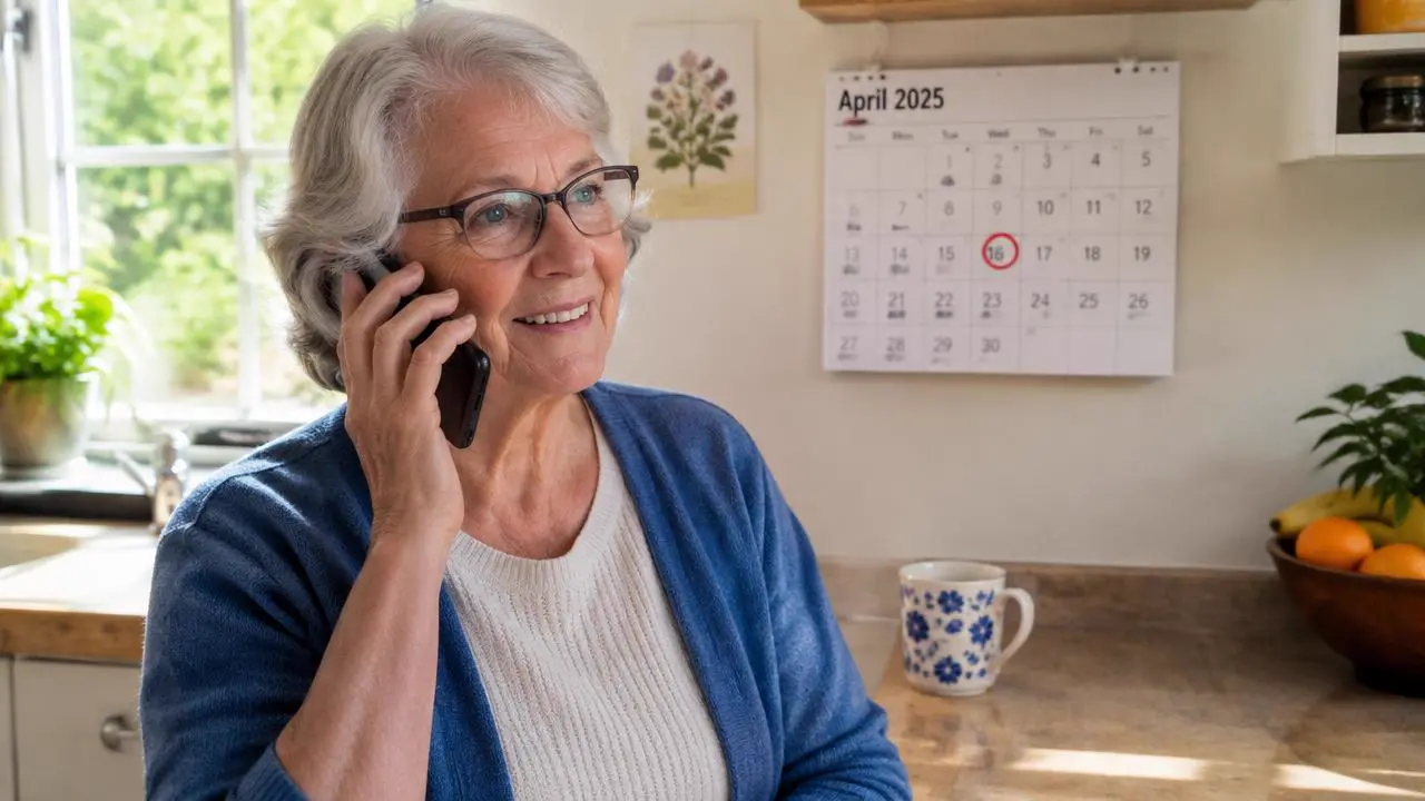 Ältere Frau in ihrer Küche hört einen Terminerinnerungsanruf ihrer Praxis, Kalender mit markiertem Datum